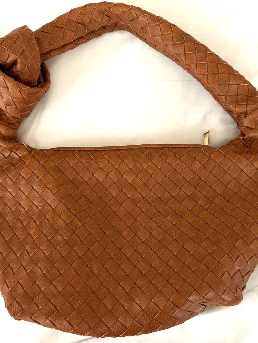 Sam & Hadley Tan Woven Knot Handle Hobo Bag Vegan Leather Slouchy Shoulder